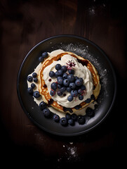 Pancake, Sour cream, Blueberry, Black plate, Top view, Wooden table, Breakfast, Dessert, Food photography, Delicious, Tasty, Yummy, Culinary, Gastronomy, Flat lay, Gourmet, Brunch, Homemade, Rustic
