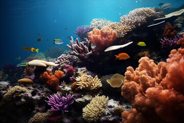 photo of a sea reef, a colorful reef and many types of sea plants, corals, fish and marine small inhabitants, blue transparent clean water 