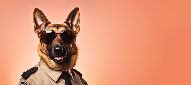 Mean looking German shepherd working as a security officer or cop, wearing sunglasses and uniform shirt. Guarding dog concept. Wide banner copy space for text on side. Generative AI