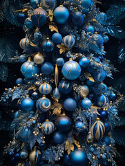 New Year's and Christmas tree decorations, balls of different shapes, blue and gold colors, an example of decorating for the New Year or Christmas, close-up