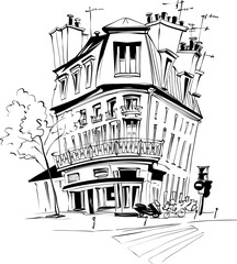 Vector hand drawing. Typical parisain house with cafe and lanterns, Paris, France.