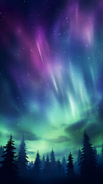 Ethereal aurora borealis dancing lights in a forest full of pine trees hd phone wallpaper ai generated