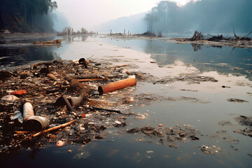 river pollution, household garbage in the reservoir, dirty river, ecological disaster, the dirtiest river