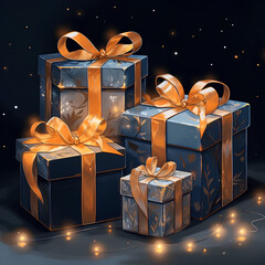 four New Year's gifts of different shapes on a black background, blue Christmas gifts with gold or yellow ribbons, Christmas lights, gifts of different sizes, ai generative 
