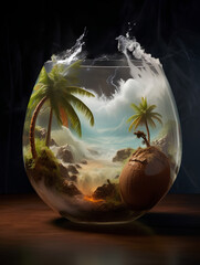 round cocktail glass, sea cocktail, paradise cocktail, lagoon, palm trees, black background, cocktail photo, hyperbolic photo, ai generative 