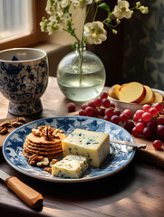 blue plate with cheese, waffles and nuts, magical breakfast, grapes, glass transparent round vase with white flowers, table with snacks by the window, snacks with wine