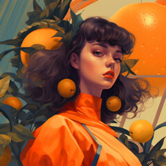 girl with tangerines, illustration of a girl with citrus, image of a girl with dark curled hair on a background with citrus, blue and orange colors, sticker, wall poster, ai generative 