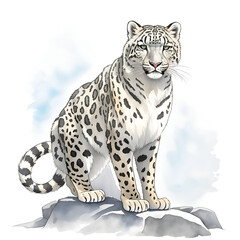 Snow leopard in cartoon style. Cute Little Cartoon Snow leopard isolated on white background. Watercolor drawing, hand-drawn Snow leopard in watercolor. For children's books, for cards, 