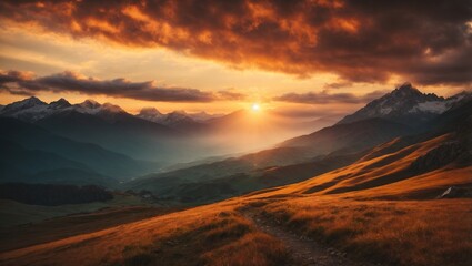 Obraz premium Sunset in mountains, dramatic sky. AI generative.