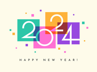 Happy New Year 2024 horizontal banner, calendar or greeting card design template. Colorful background with square shapes and geometric numbers.