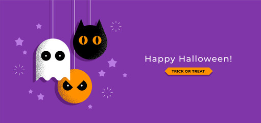 Halloween greeting card or banner design with cute pumpkin, ghost and cat head symbols.