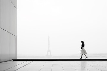 Beauty, fashion and style concept. Minimalist woman model portrait in Paris city landscape background. Foggy city with Eiffel tower in background. Black and white image. Generative AI