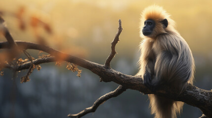 a Golden Langur sitting quietly on a tree branch, surrounded by misty morning light. Atmospheric, serene