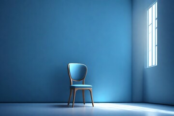 a single chair placed in front of a wall that is blue