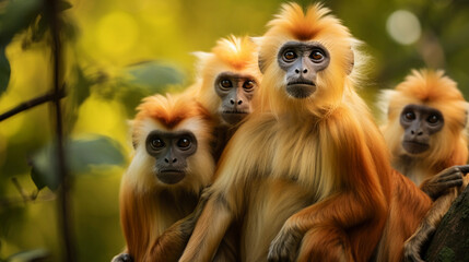 Obraz premium a group of Golden Langurs huddled together, creating a warm, familial scene amidst the cool green tones of the forest