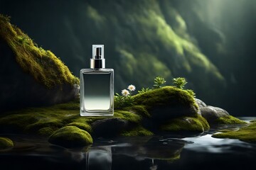 Elegant fragrance placed on top of a mossy rock in an attractive view