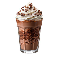 A glass of chocolate milkshake with cream on top. 