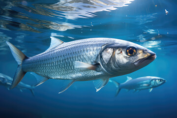 Close-up one Herring fish under water surface. Underwater shot of a gray fish underwater in a blue sea.