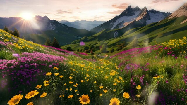 Beautiful scenery of meadow full of flowers. Seamless loop video