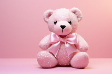 One cute plush glittery toy bear with pink bow isolated on pink background with copy space for text. Toy store banner template. 3d render illustration style.