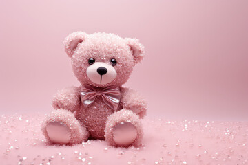 One cute plush glittery toy bear with pink bow isolated on pink background with copy space for text. Toy store banner template. 3d render illustration style.