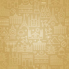 Set of conceptual travel icons. Background on the theme of tourism and travel. Seamless background