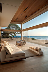Fototapeta premium Sea view empty large living room of luxury summer beach house with swimming pool near wooden terrace. Big white wall background in vacation home or holiday villa. Hotel interior 3d illustration. High