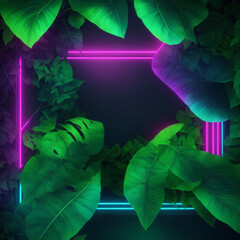 Generative AI illustration of abstract background of futuristic corridor with purple and blue neon lights