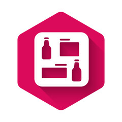 White Beer menu icon isolated with long shadow background. Beer restaurant brochure. Pink hexagon button. Vector