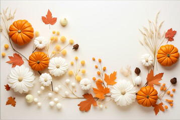 Autumn composition with leaves, pumpkins, flowers, berries flat lay. Generative AI