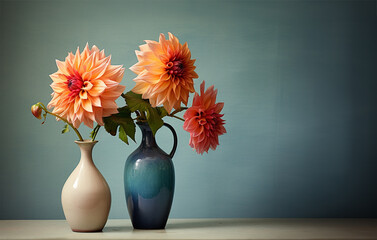 Flower composition with autumn dahlias in vintage vase. Generative AI © Irina Bort