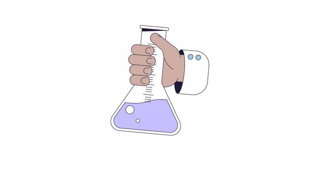 Scientist flask holding line 2D character hand animation. Laboratory research flat color cartoon 4K video, alpha channel. Lab erlenmeyer. Hand chemistry animated person body part on white background