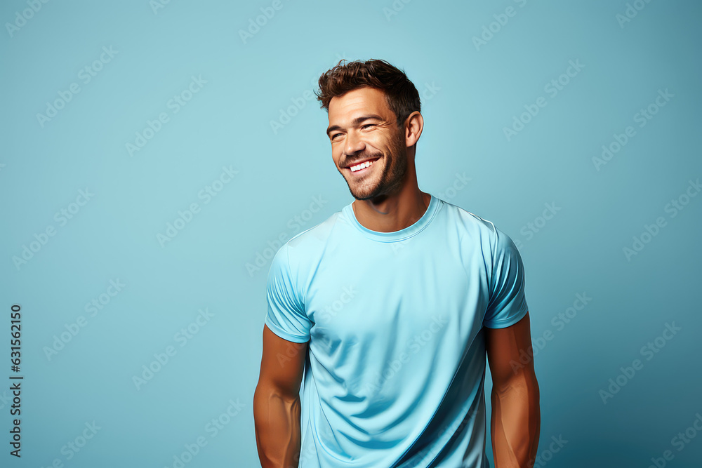 Wall mural Portrait of smiling young man of athletic build in sports uniform isolated on blue background. Creative banner of fitness center with copy space.