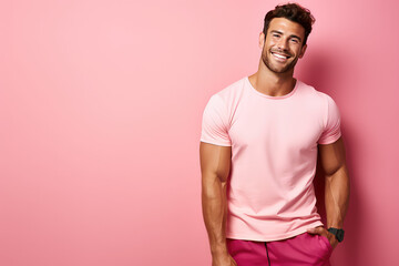 Portrait of smiling young man of athletic build in sports uniform isolated on pink background....