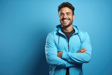 Portrait of smiling young man of athletic build in sports uniform isolated on blue background. Creative banner of fitness center with copy space. - obrazy, fototapety, plakaty