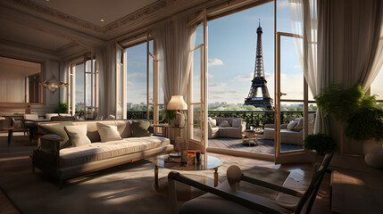 appartement parisien avec terrasse et vue sur la tour Eiffel - obrazy, fototapety, plakaty