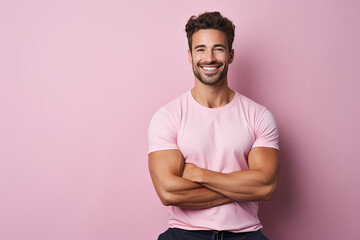 Portrait of smiling young man of athletic build in sports uniform isolated on pink background. Creative banner of fitness center with copy space.