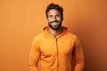 Obraz premium Portrait of smiling young man of athletic build in sports uniform isolated on orange background. Creative banner of fitness center with copy space.