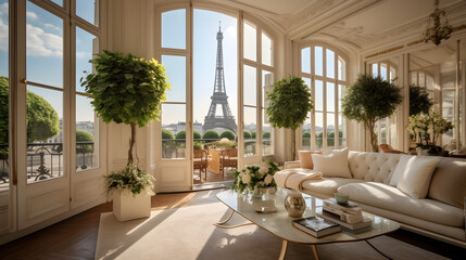 appartement parisien avec terrasse et vue sur la tour Eiffel - obrazy, fototapety, plakaty