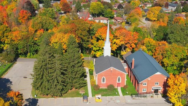 Aerial view of Saint Andrews Presbyterian Church in Scarborough Autumn park in Toronto is a community of faith that shares and offers worship, Bible studies, and social justice outreach in community.