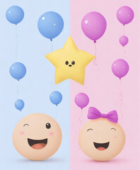 Baby shower card decoration pink and blue, gender reveal party art