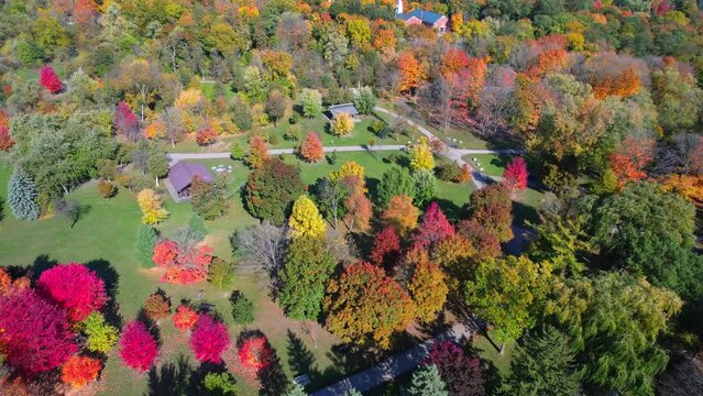 Stunning autumn beauty of Canadian nature at Scarborough Autumn park in Toronto. Breathtaking aerial perspective. Kaleidoscope of fall foliage, magnificent panorama of vibrant maple leaf trees.