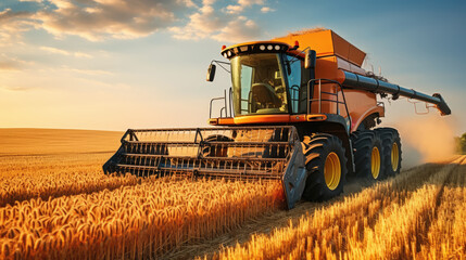 Obraz premium Combine harvester harvests ripe wheat