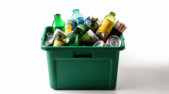 A Green recycling bin full of recyclable items isolated on a white background. Generative Ai