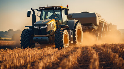 Naklejka premium Combine harvester harvests ripe wheat