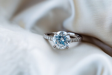 Macro shot of engagement ring in white silk. High quality photo - obrazy, fototapety, plakaty