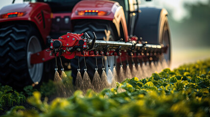 Tractor spray fertilizer on green field