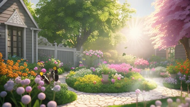 Beautiful scenery of backyard full of flowers. Seamless loop video
