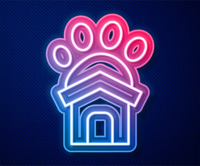 Glowing neon line Animal shelter house icon isolated on blue background. Vector