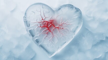 A red heart frozen in ice as a symbol of betrayal in love. Cold feeling. Generative AI illustration for cover, card, postcard, interior design, decor or print. - obrazy, fototapety, plakaty
